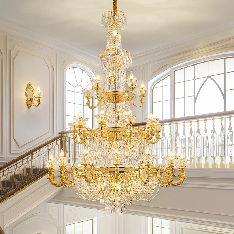 European Crystal Villa Chandelier Led Luxury Gold Living Room Restaurant Bedroom Hotel Duplex Building Pendent Lamp