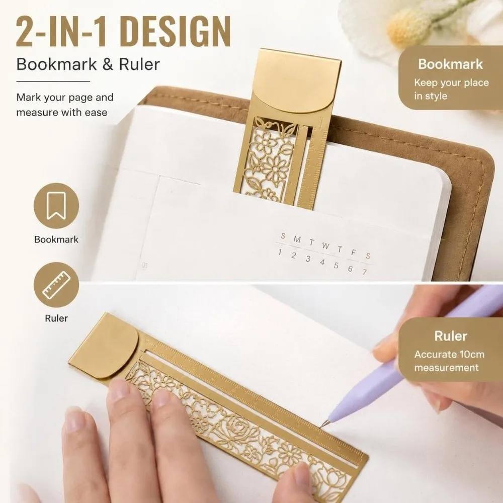 Portable Brass Bookmark Ruler Cute Patterns Multi-functional Stencil Straight Ruler Hollow Measuring Ruler Kids Students