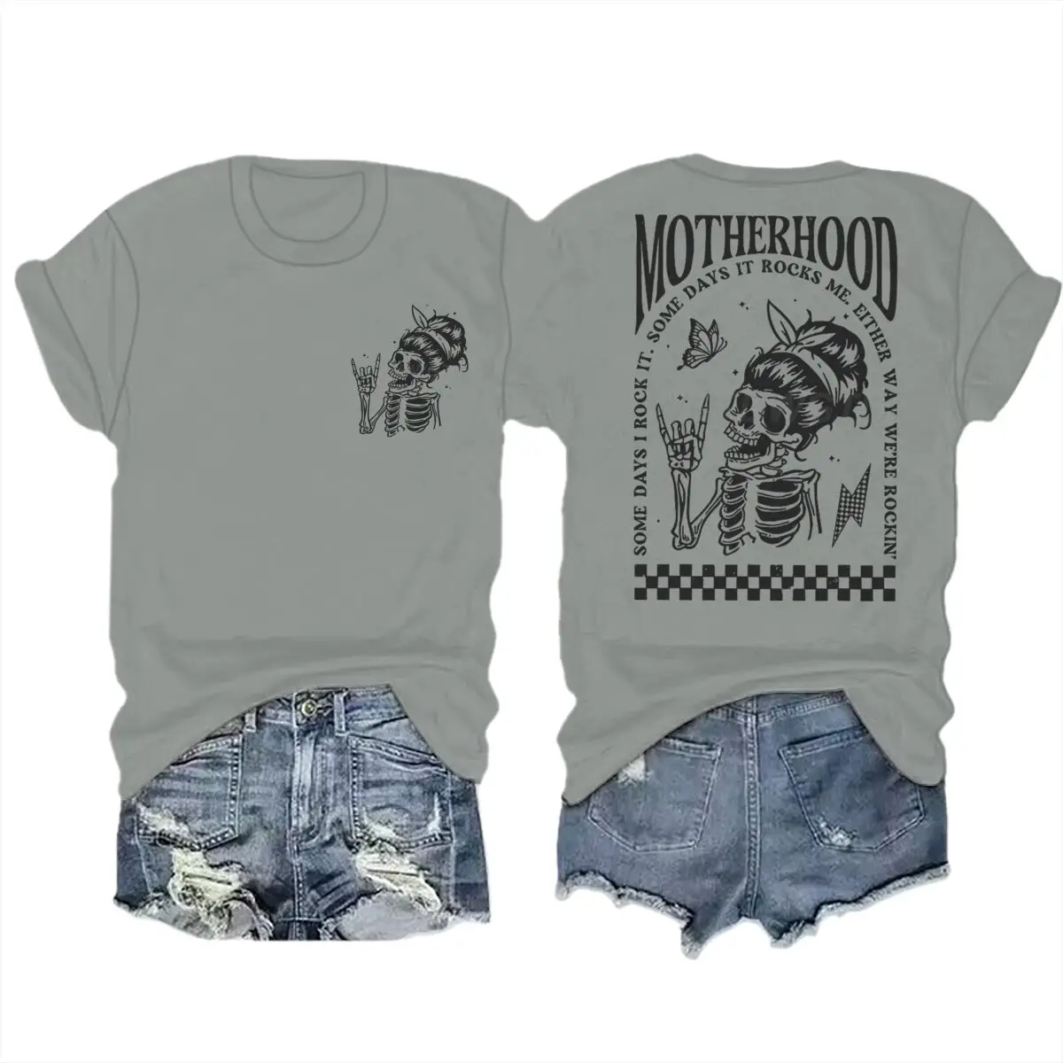 Motherhood T-shirts Vintage Skeleton Rock Mama Life Streetwear Casual Short Sleeve Women's Tshirts Gifts