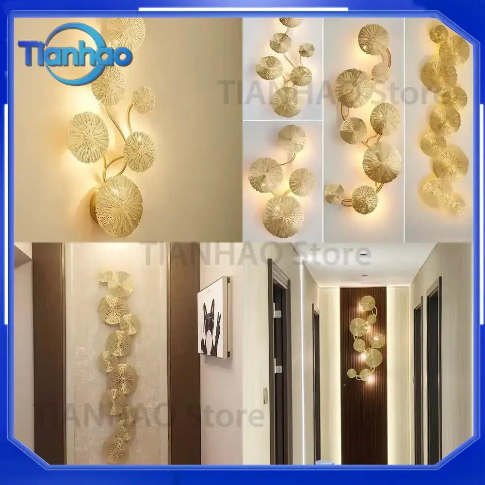 Wall Lamp for Villa No-Punching Large Lotus Leaf Design All-Copper Wireless Rechargeable Wall Light for Bedroom Living Room