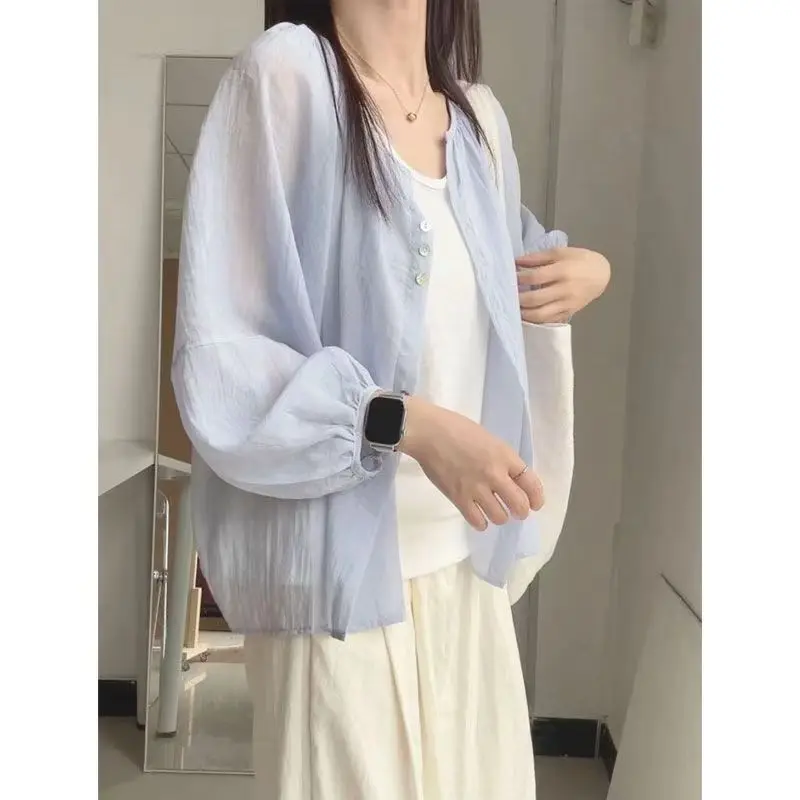 Loose Women's Chiffon Shirt Korean Style Oversize Layered Wear Blue Sun Protection Outerwear Cardigan Long Sleeve round Neck