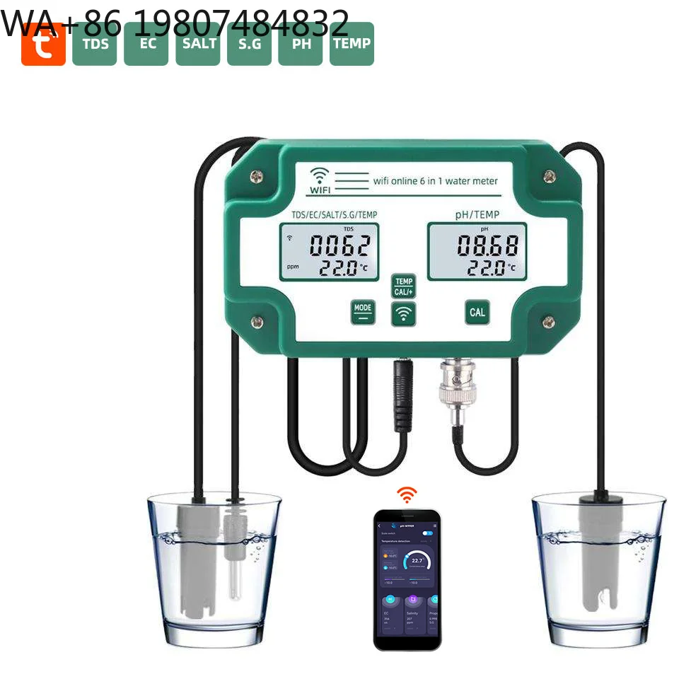 6-in-1 WiFi Water Quality Detector PH EC TDS Salinity S.G Temp Tester Aquarium Hydroponics Swimming Pool Smart