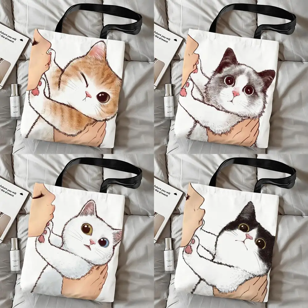 

Kissing the cat Storage Bags Canvas Double-Sided Print Shoulder Handbag Reusable Eco-Friendly Shopping Tote Bag