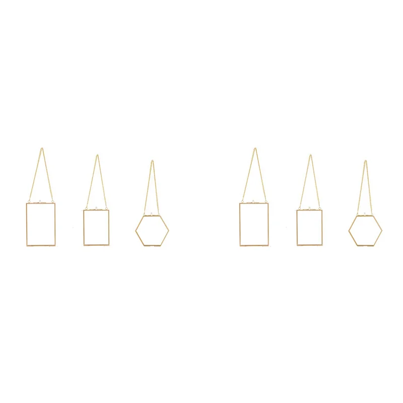 ABGR-6 Packs Pressed Flowers Glass Frames- Golden Hanging Glass Picture Frames With Chain Floating DIY Artwork Display Frames