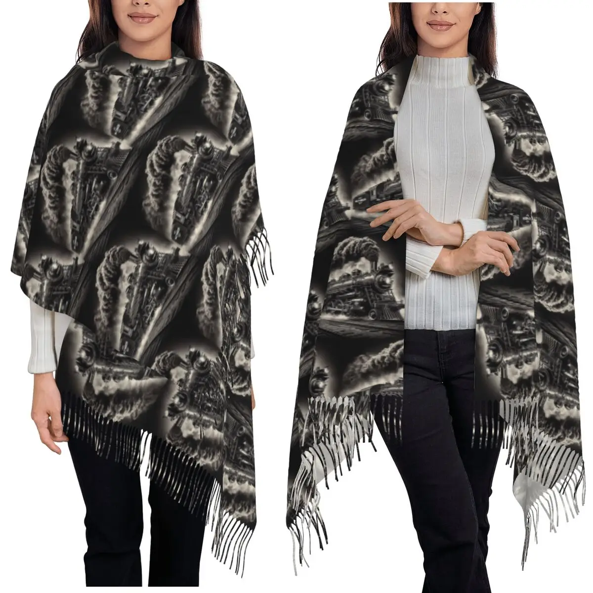 Vintage Steam Train Sepia Sketch Art (10) Scarf Tassel Scarves Women Soft Warm Shawls and Wraps Long Fall Winter Shawl Wrap