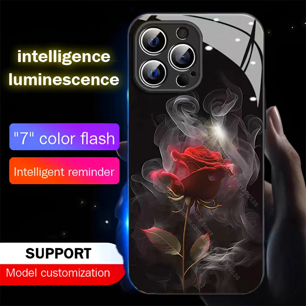 Fog Pink Rose Sound Control LED Flash Case Luminous Glass Cover For Samsung S24 S23 S22 S21 S20 FE Note 10 20 Plus Ultra A54