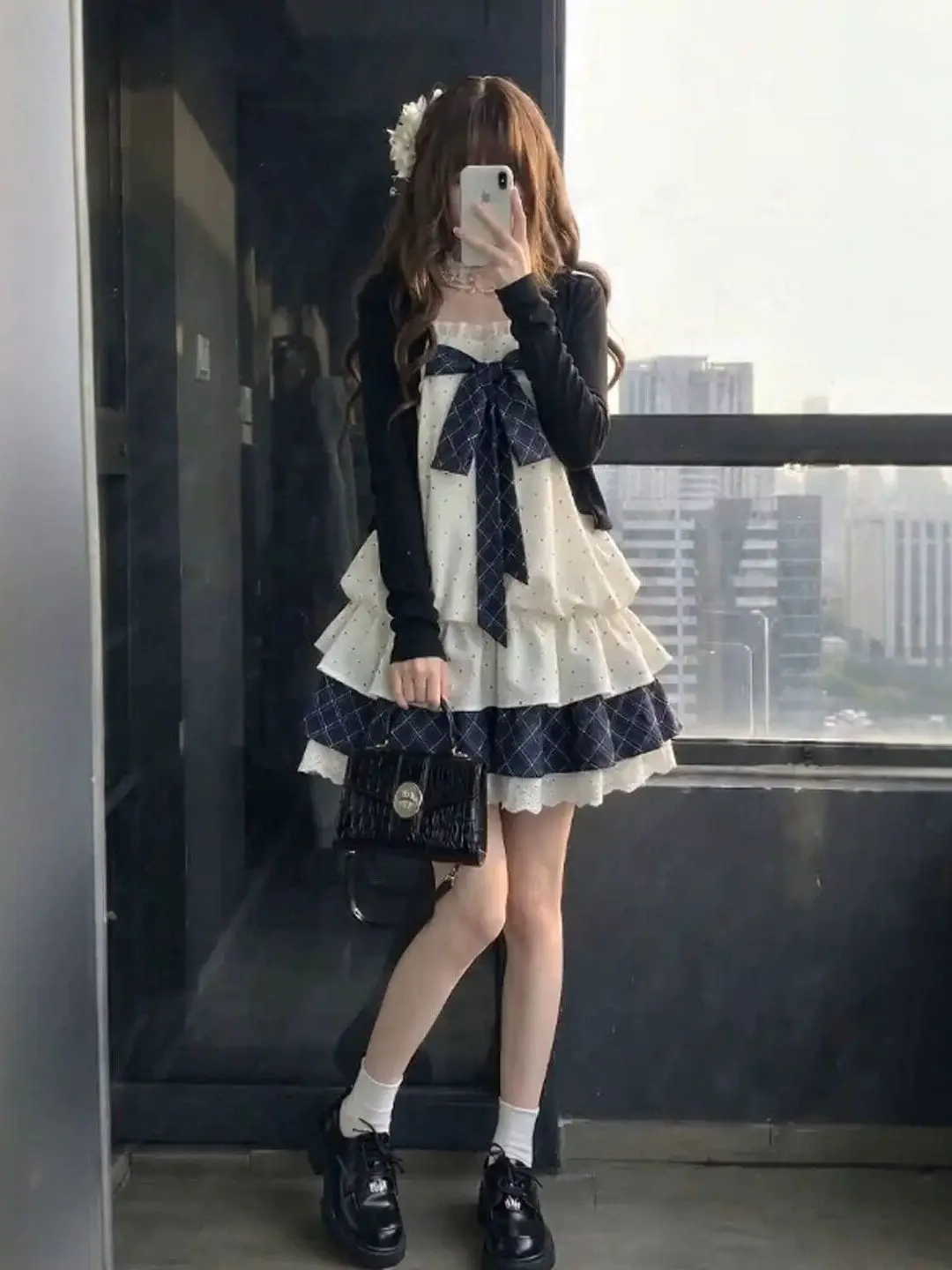 Sweet Preppy Style Women's Long Sleeve Two-Piece Set with  Knot Strap Vest Top And High Waist Skirt for Early Autumn