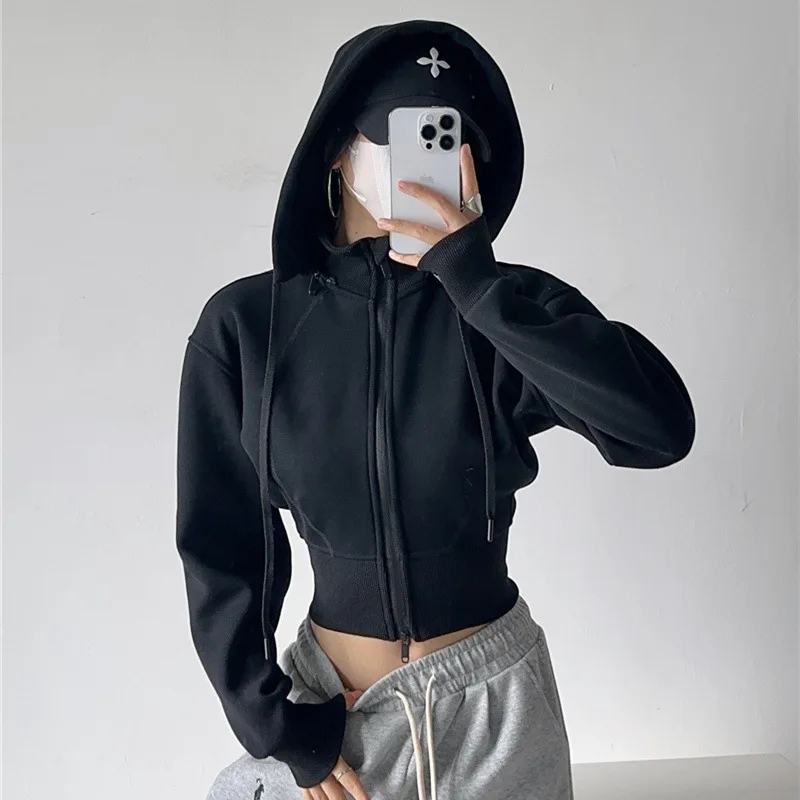 Women Crop Hoodie Sweatshirts Fashion Solid Color Detachable Hoodies Slim Waist Zipper Jackets Casual Vintage Sweatshirts Y2k