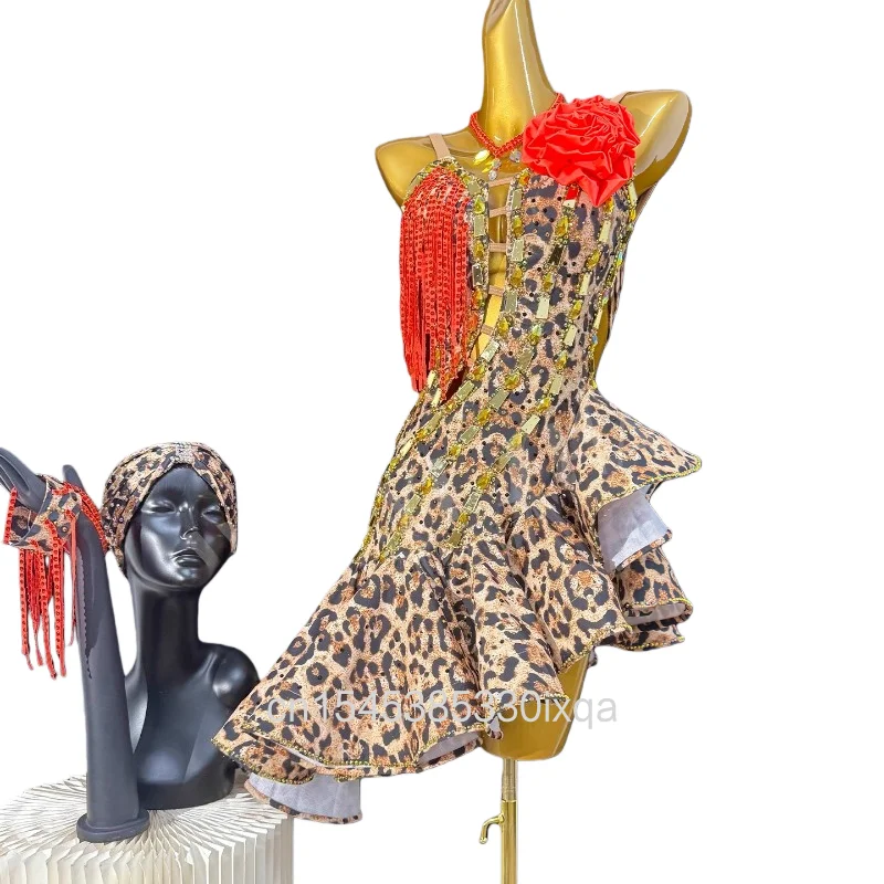 

Adult High-End Custom Latin Dance Costume AB Stone Leopard Print Handmade Flower Dress for Women Professional Tango Clothing