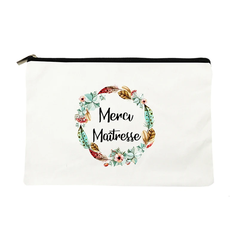 Merci Maitresse French Print  Women Cosmetic Case Storage Make Up Pouch Makeup Bag Travel Toiletries Organizer Gift for Teacher