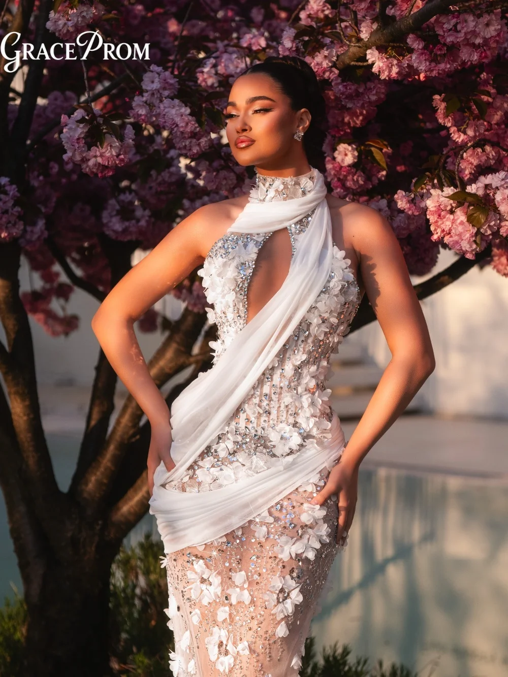 Elegant White High Neck Keyhole Evening Gown 3D Floral Appliques Beaded Sheer Tulle Party Dress for Wedding Guests فساتين سهرة