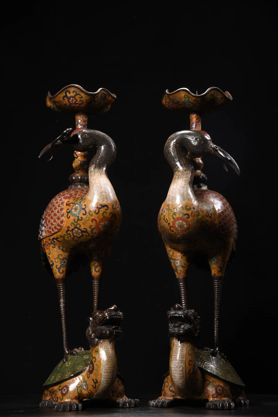 

24"Tibetan Temple Collection Old Bronze Cloisonne Enamel Dragon Turtle Tread Longevity Crane Candlestick A Pair Worship Hall
