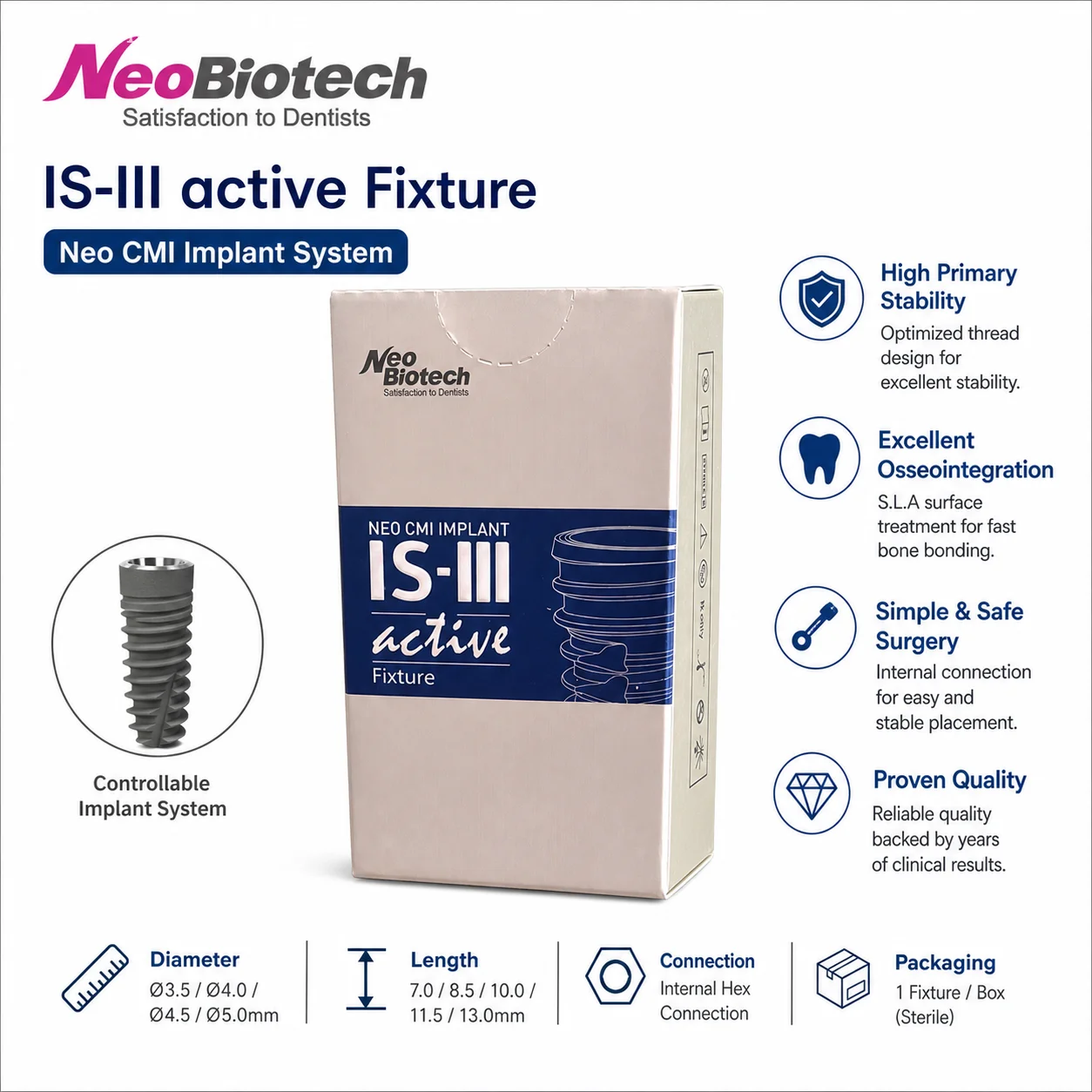 Implant conique actif NeoBiotech IS-III authentique, surface SLA, hexagone interne, D4.0xL10, niveau osseux, approuvé par la FDA