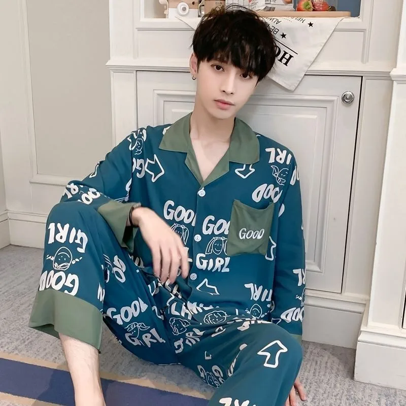 Men Long Sleeved Pajamas Pure Cotton Spring Pyjamas Thin Large Size Nightdress Lapel Plaid Sleepwear Simple Printed Loungewear