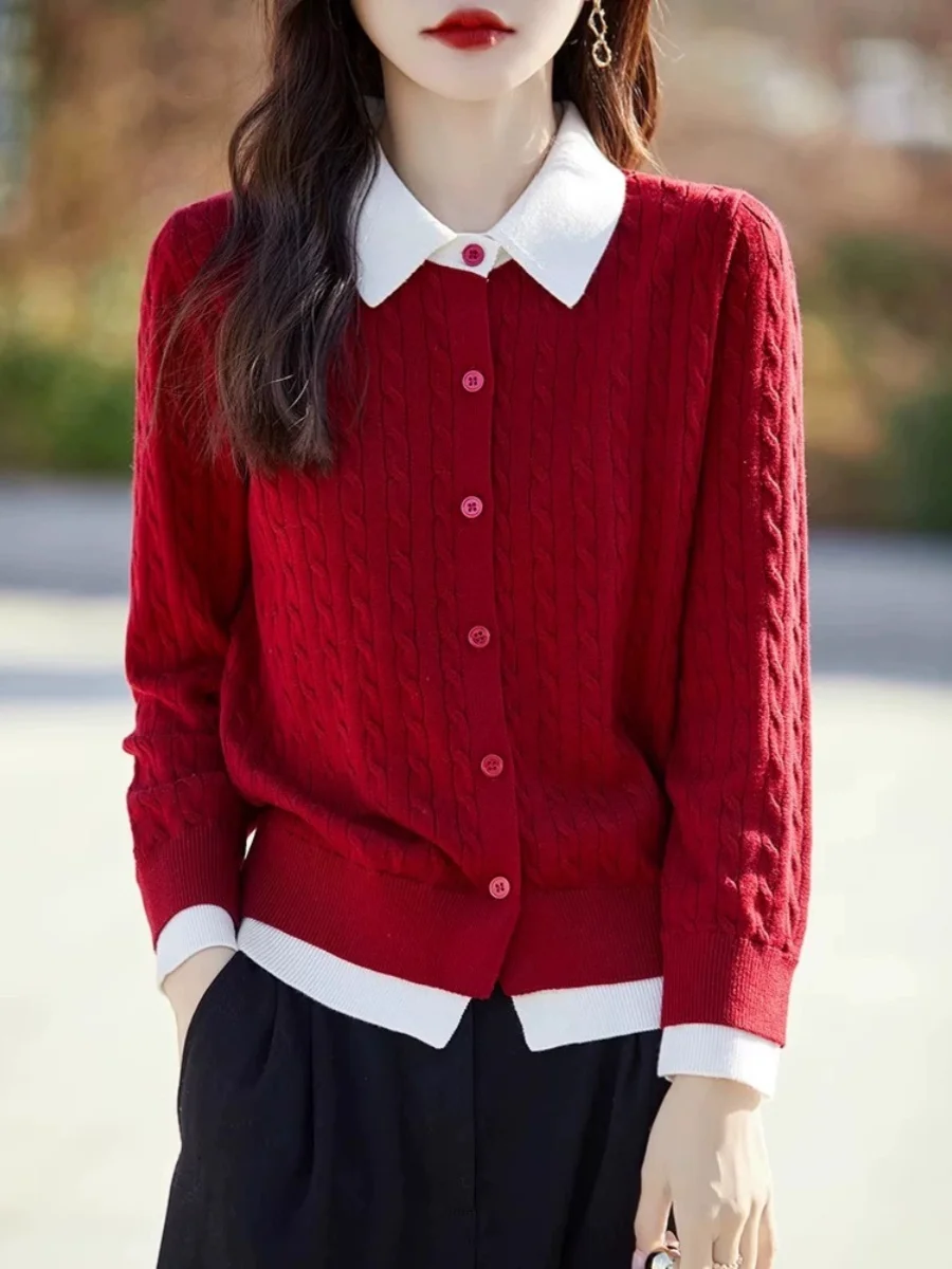 

Spring Knitted Cardigan Women's Doll Collar Color Blo Loose Sweater Outerwear Slimming Top Long Sve Regular Length