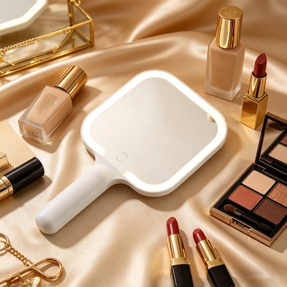 Hand-Held Carry Makeup Mirror LED Smart 3 Colors Adjust Bright with Touch Screen Cosmetic Tabletop Vanty Mirror Travel Home Use