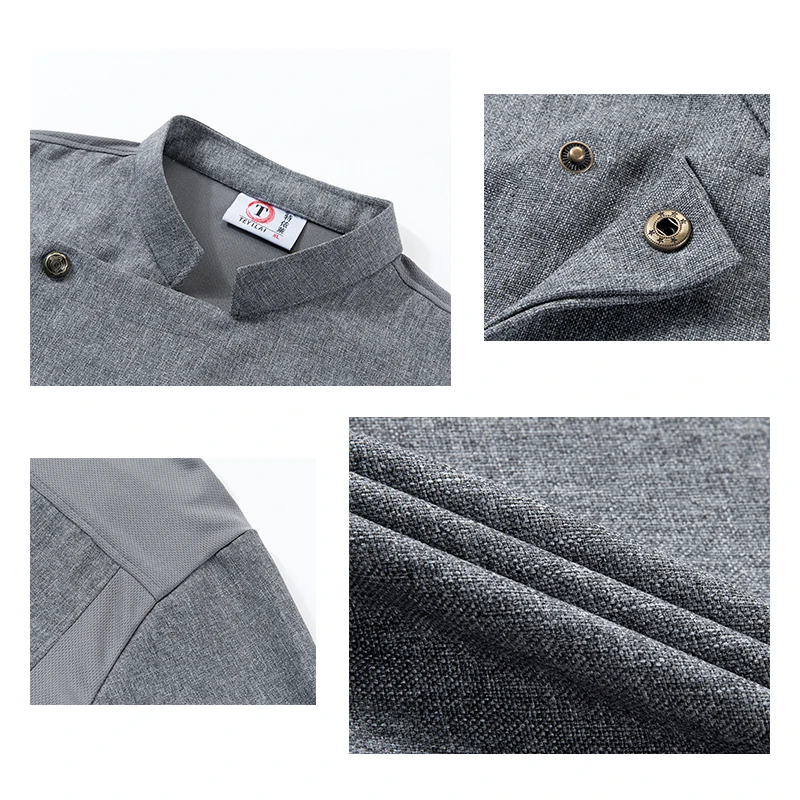 グレーのコットンとリネンのシェフ服キッチンジャケットケータリングユニフォームホテル寿司コックシャツレストラン作業服ベーカリースタッフトップス