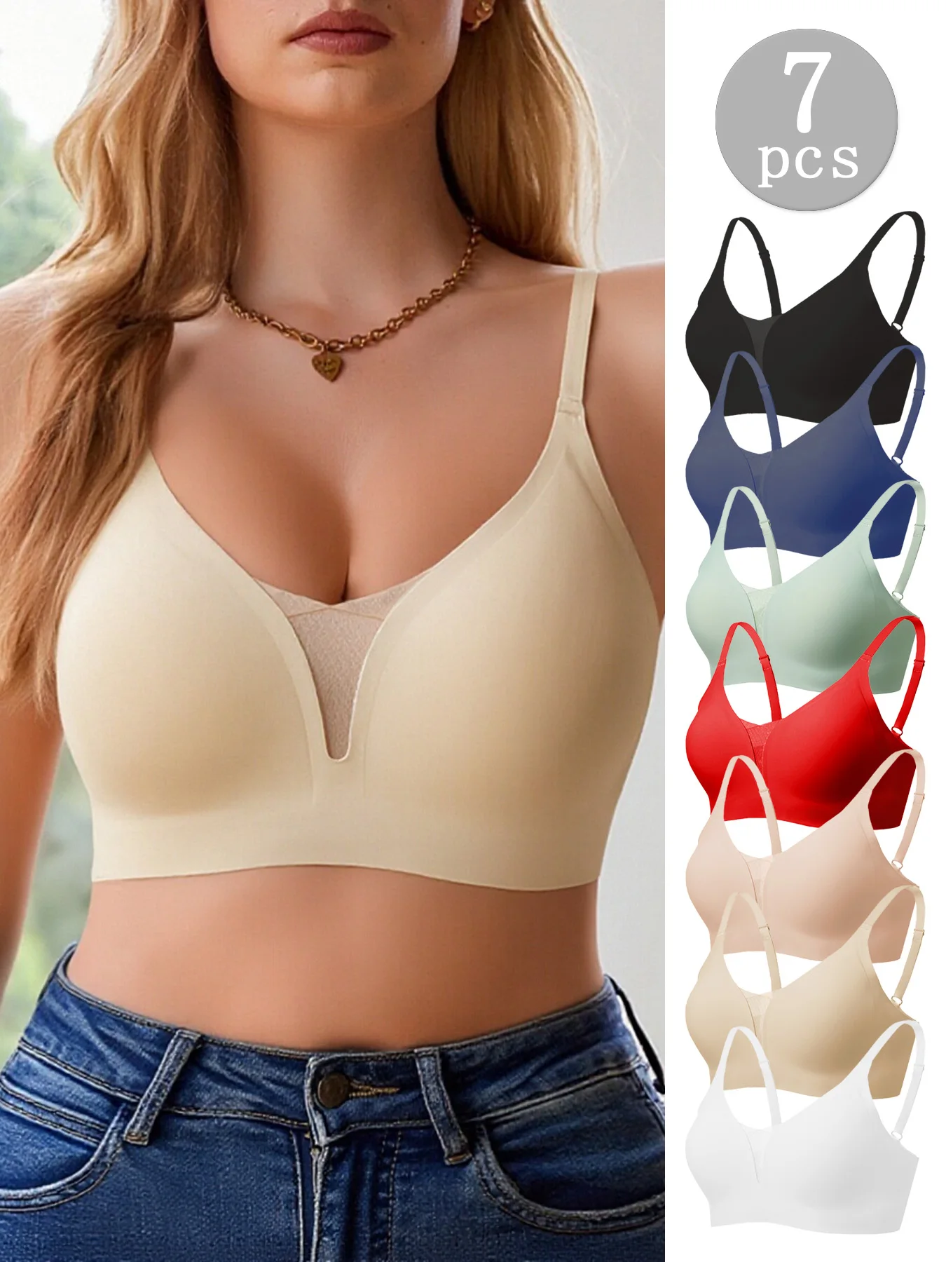 

7pcs Women's Wireless Push Up Seamless T-Shirt Bralettes - Multi-Color, Breathable Padded, Everyday Comfort