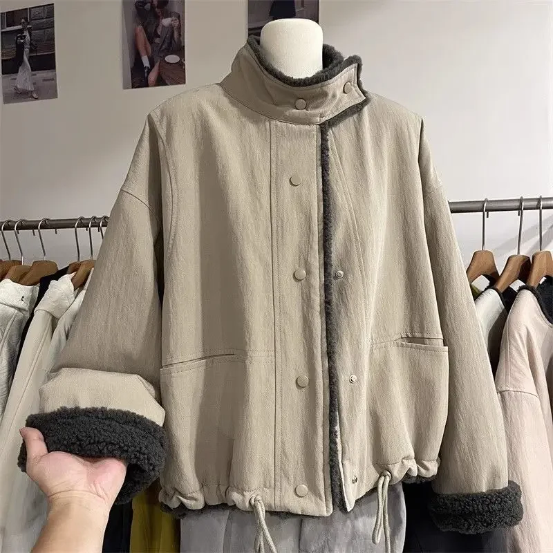 

Autumn and Winter New Women's Lamb Wool Coat Commuter Splicing High Collar Cotton Jacket