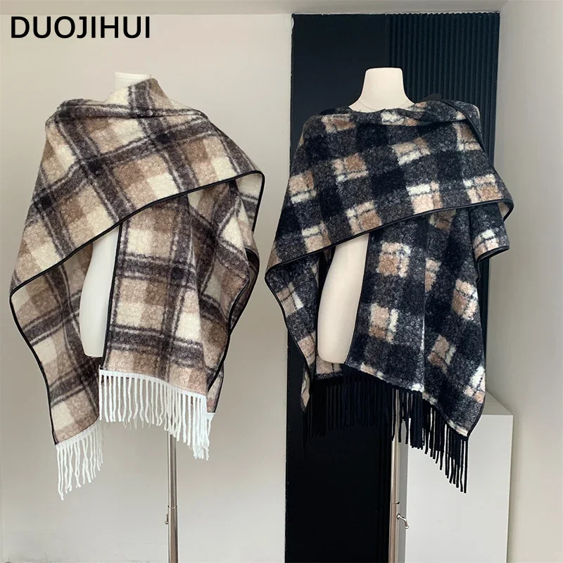 Duojihui klassische Kontrast farbe Mode lose Frauen Umhänge Winter neue vvintage Basic Plaid Chic Quasten einfache weiche weibliche Umhänge