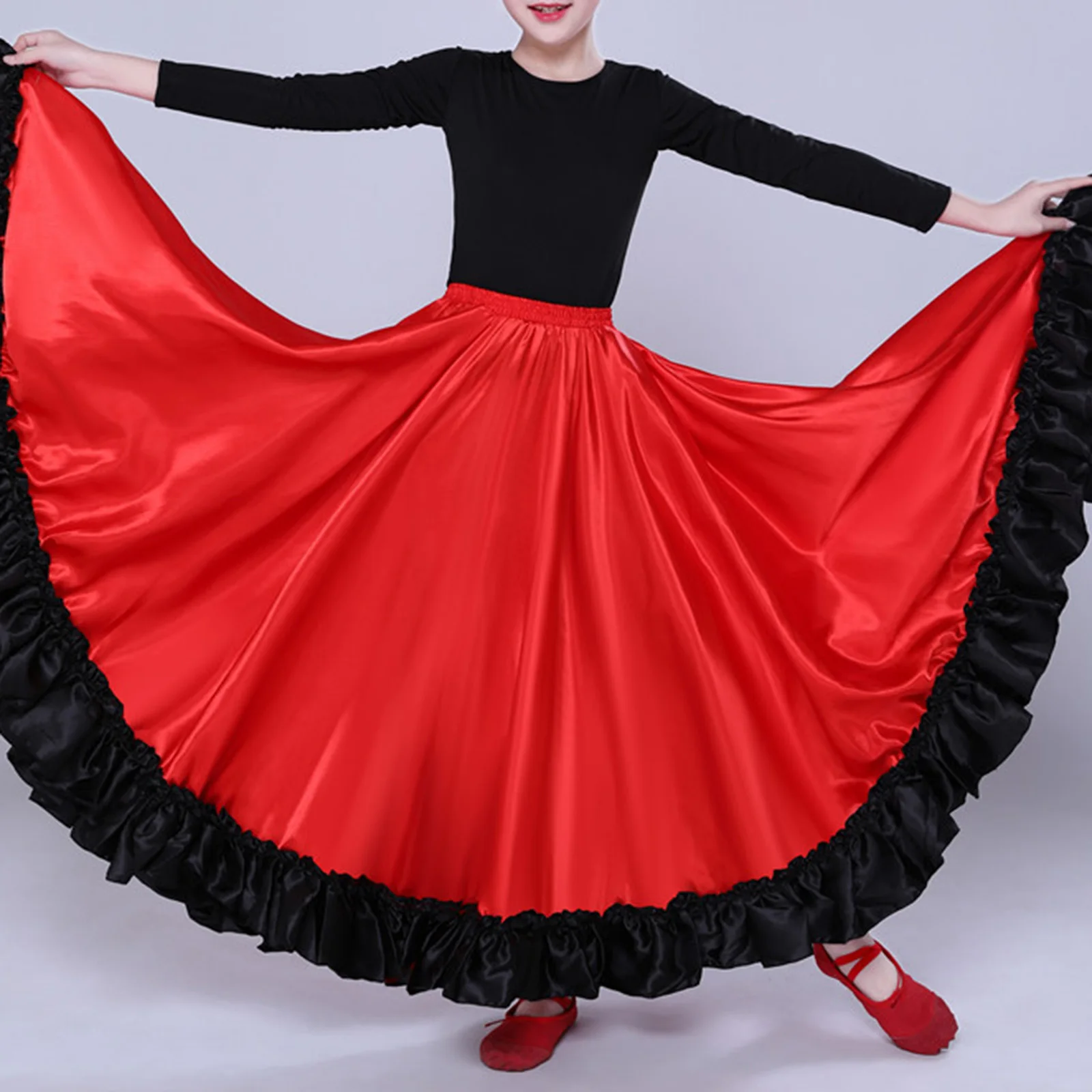 Girls Spanish Paso Doble Flamenco Latin Dance Skirt Big Swing Ruffled Hem Skirts Carnival Party Festival Performance Dancewear