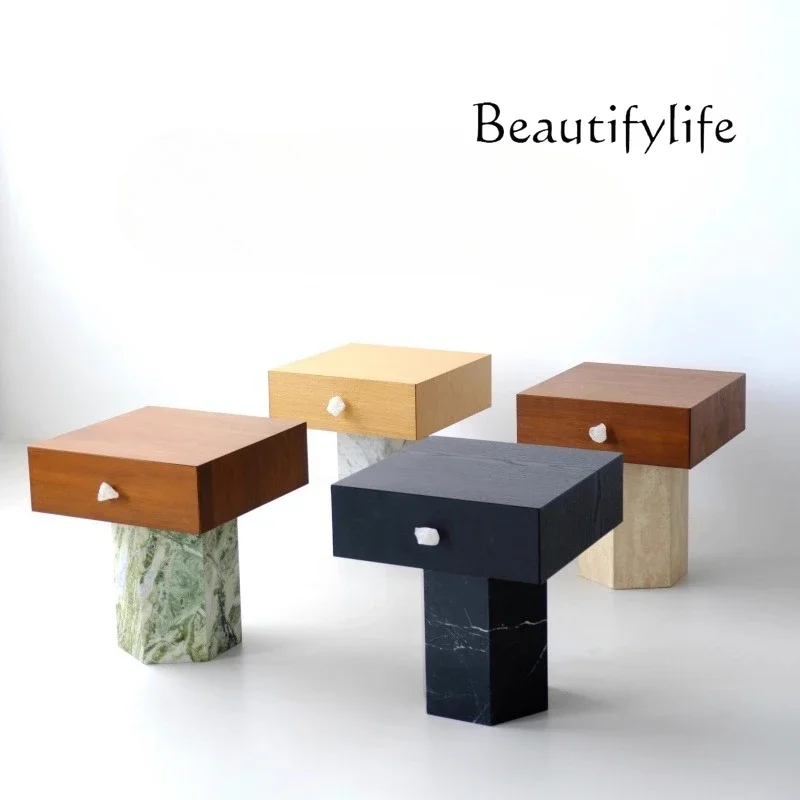 J Y Medieval Style Designer Creative Home Bedroom Marble Solid Wood Drawer Bedside Table Haute Couture Edge