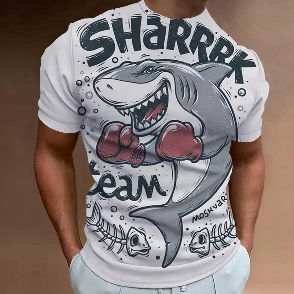 Shark Print 3D Printed Summer Men\'s Clothing Fashion Casual Short Sleeve Oversized T-shirt Street Trend Premium O-collar Top