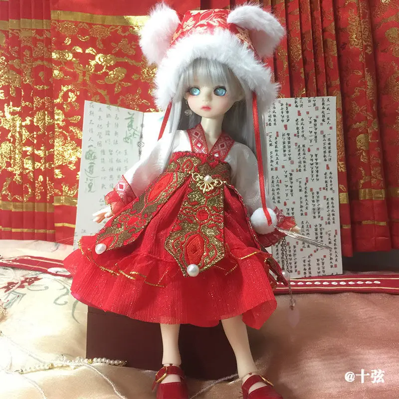 30cm Doll's Clothes Accessories for 1/6 Bjd Doll Clothing Red Hanfu Ancient New Year National Dress Up Girl Toys Gift , No Doll