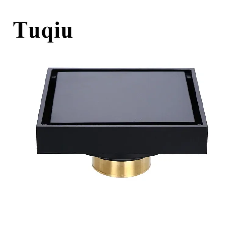 Tuqiu Shower Floor Drains Square Floor Drain Strainer 10*10cm Black Bath Drain 304 Stainless Steel Drainers