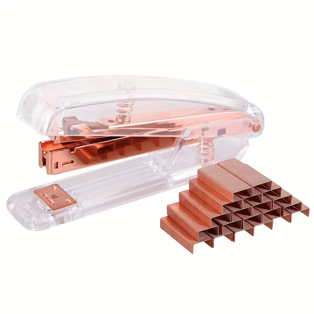 Small Office Stapler,Transparent Spring Powered Desktop Standard Stapler with Free 1000 Pieces Standard Staples - Rose Gold