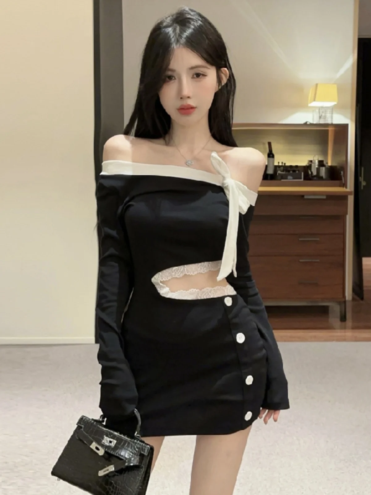 Sexy Jurk Vrouwen Koreaanse Mode Kant Patchwork Boog Off Schouder Slash Hals Mini Jurken Casual Holle Taille Vestidos