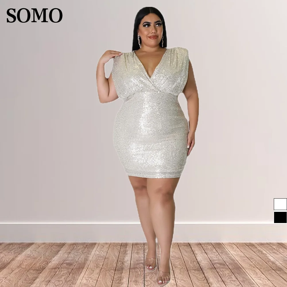 SOMO Sequins Evening Dresses for Women 2022 Luxury Plus Size Clothing Sexy V-Neck Hollow Out Mini Dress Wholesale Dropshipping