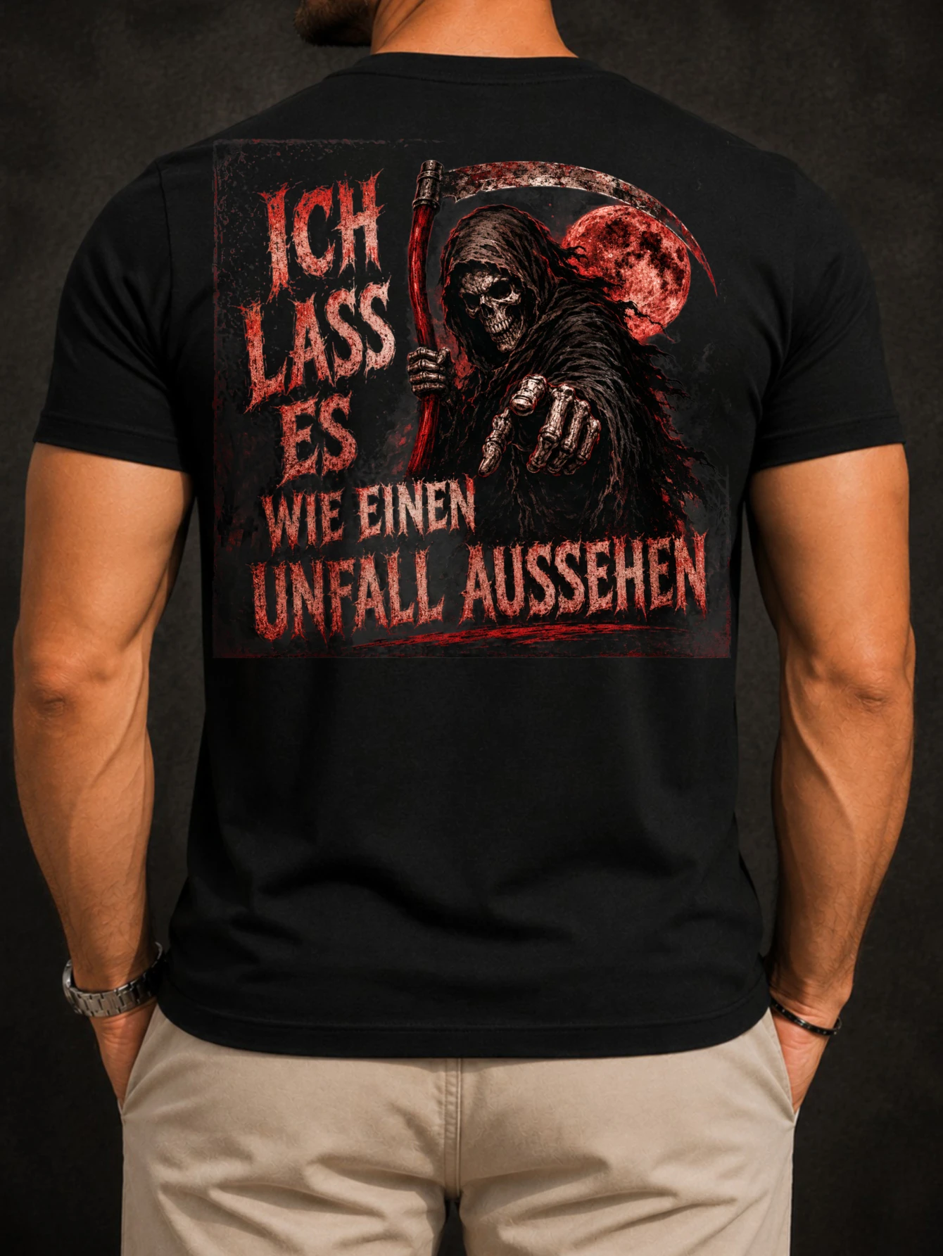 Ich lass es wie einen Unfall aussehen red moon Grim Reaper pointing dark German bold graphic mes   Unisex All T-Shirt