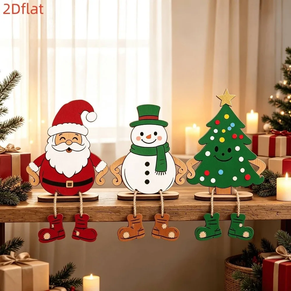3Pcs Self Standing Santa Snowman Tree Ornament Handmade Craft Cartoon Style Dangling Leg Wood Figurine Stable Base Rustic