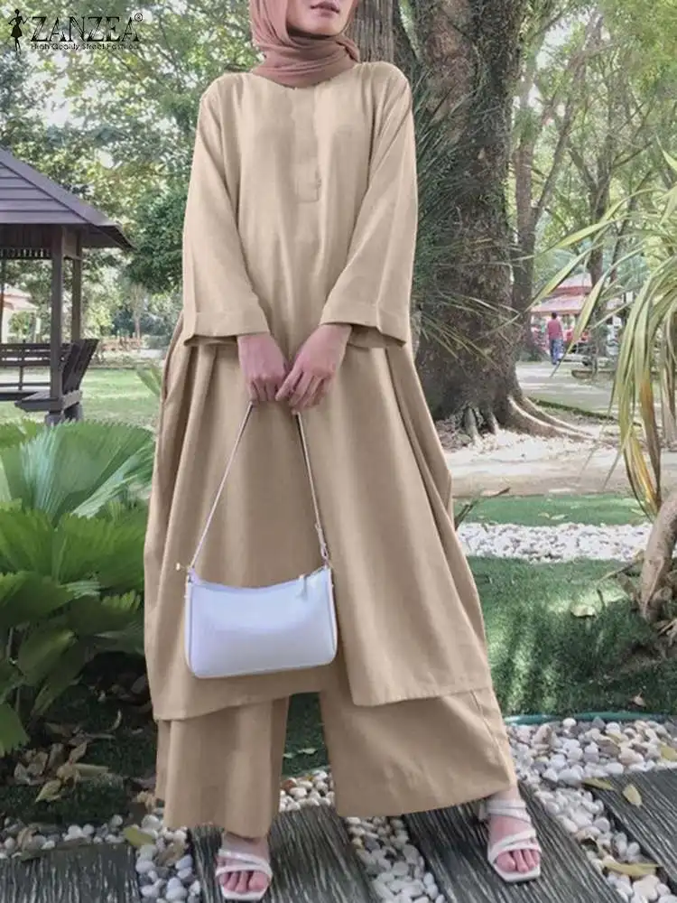 ZANZEA Muslim Fashion Matching Sets Islamic Clothing Summer Blouse Women Causal Pant Sets Turkey Abaya Dubai Outfits Pantsuits