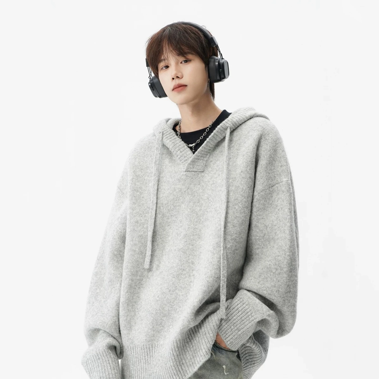 

American Sle Hooded Knitted Sweater Jaet for Men Trendy Brand Floral ey Couple Sweaters High Street Lazy Sle Versatil...