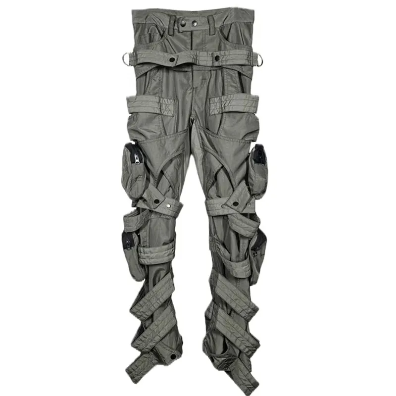 Wasteland Dark Style Bandage Deconstruct Stereoscopic Pockets Cargo Pants Men Straight Wide Legs Trousers for Men