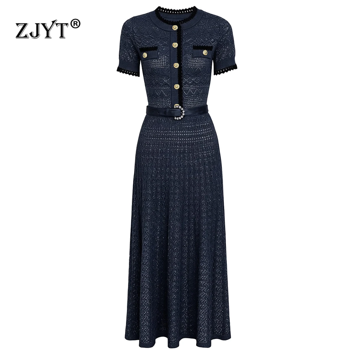 ZJYT Summer Women's Long Knitted Sweater Dress Elegant Short Sleeve Blue White Casual Evening Party Dresses Female Vestidos 2026