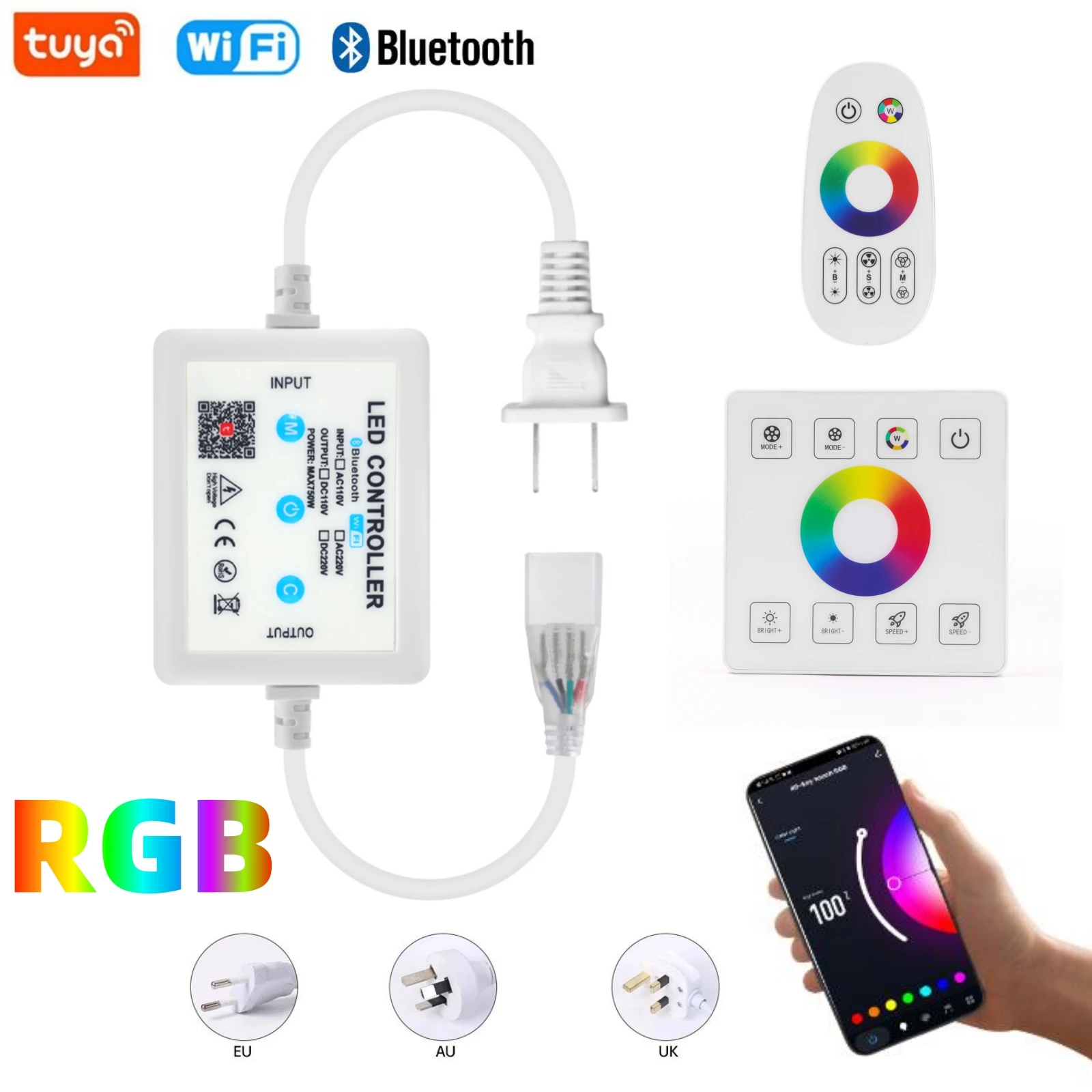 Tuya WiFi Bluetooth RGB Dimmer 220V 110V 750W EU/AU/UK/US Power Plug RF Remote Controller for SMD 2835/5050 4Pin LED Neon Strip