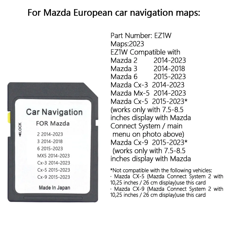 For Mazda Navigation SD Card EZ1W / 2 / 3 / 6 / CX3 / CX5 / MX5 / CX9 GPS SD Card 2023 Car Map SD Card