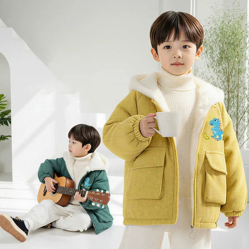 Boys Corduroy Winter Hooded Jacket Cartoon Dinosaur Fleece Thick Cotton Coat Kids Zipper Warm Outerwear for 2-8 Years