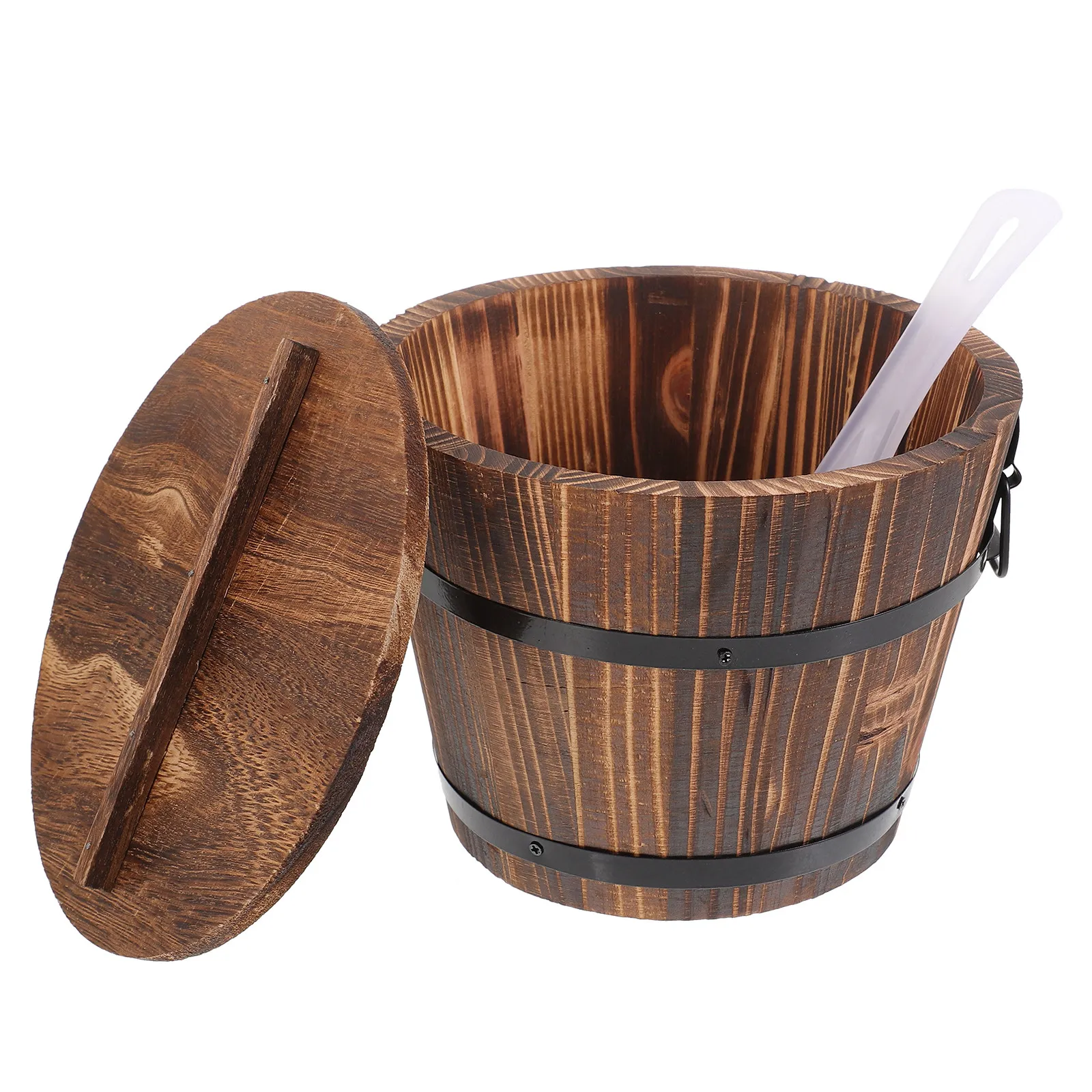 

1Pcs Household Storage Container Food Bucket with Lid Natural Wood Grain Surface Polished Finish Easy Grip Handles