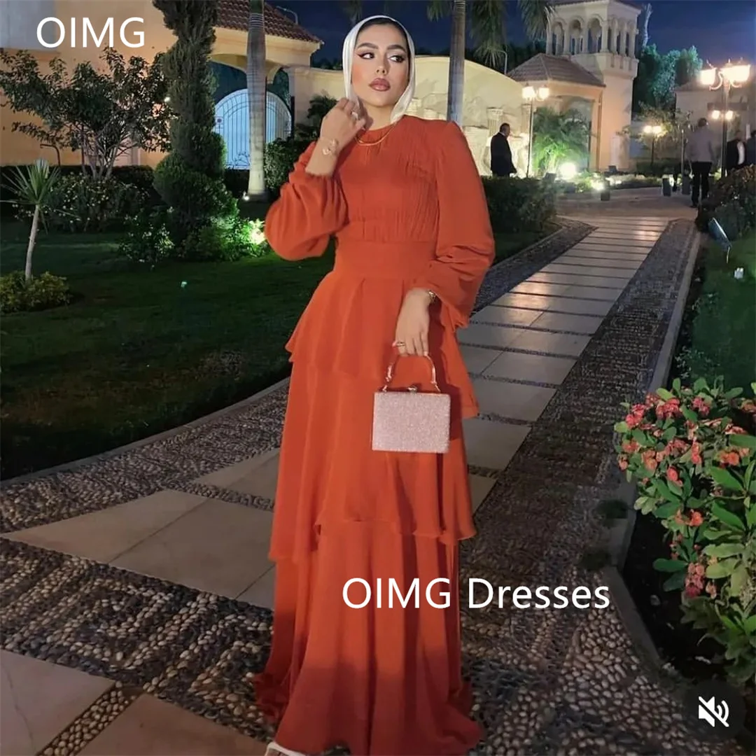 

OIMG Gorgeous Fashion High Neck Orange Prom Dresses Tiered Puff Sleeves A-Line Chiffon Vintage Evening Gowns Formal Party Dress