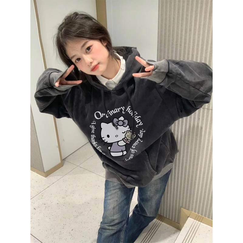 

New Miniso Sanrio Hoodies Kawaii Cartoon Girl Hellokitty Autumn/winter Long Sleeved American Retro Printed Couple Hoodie Coat