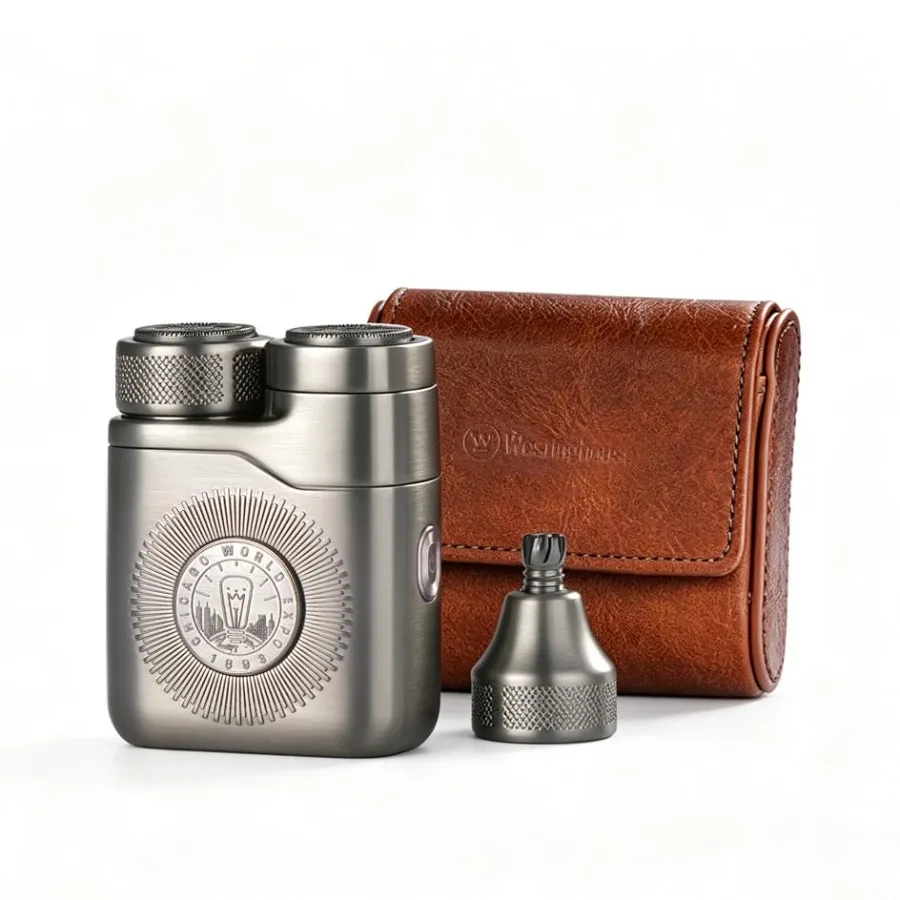 Men's Portable Rotary Electric Shaver for daily grooming, stainless steel blades, silver finish, ultra-quiet motor and 60-min r