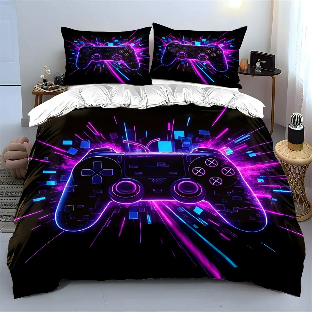 Neon-glowing vibrant game controller Print Bedding set 3PC 1 duvet cover 2 pillowcases adult and children bedding set Luxury