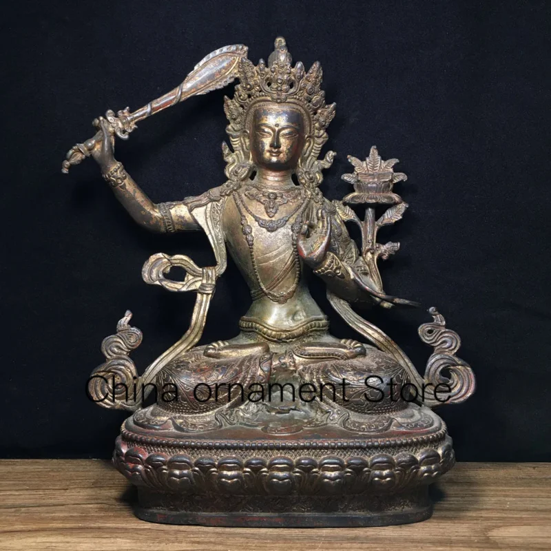 

29cm Nepalese Tibetan Pure Copper, Clay Gold, and Gold Stripped Manjushri Guanyin Bodhisattva Ornament