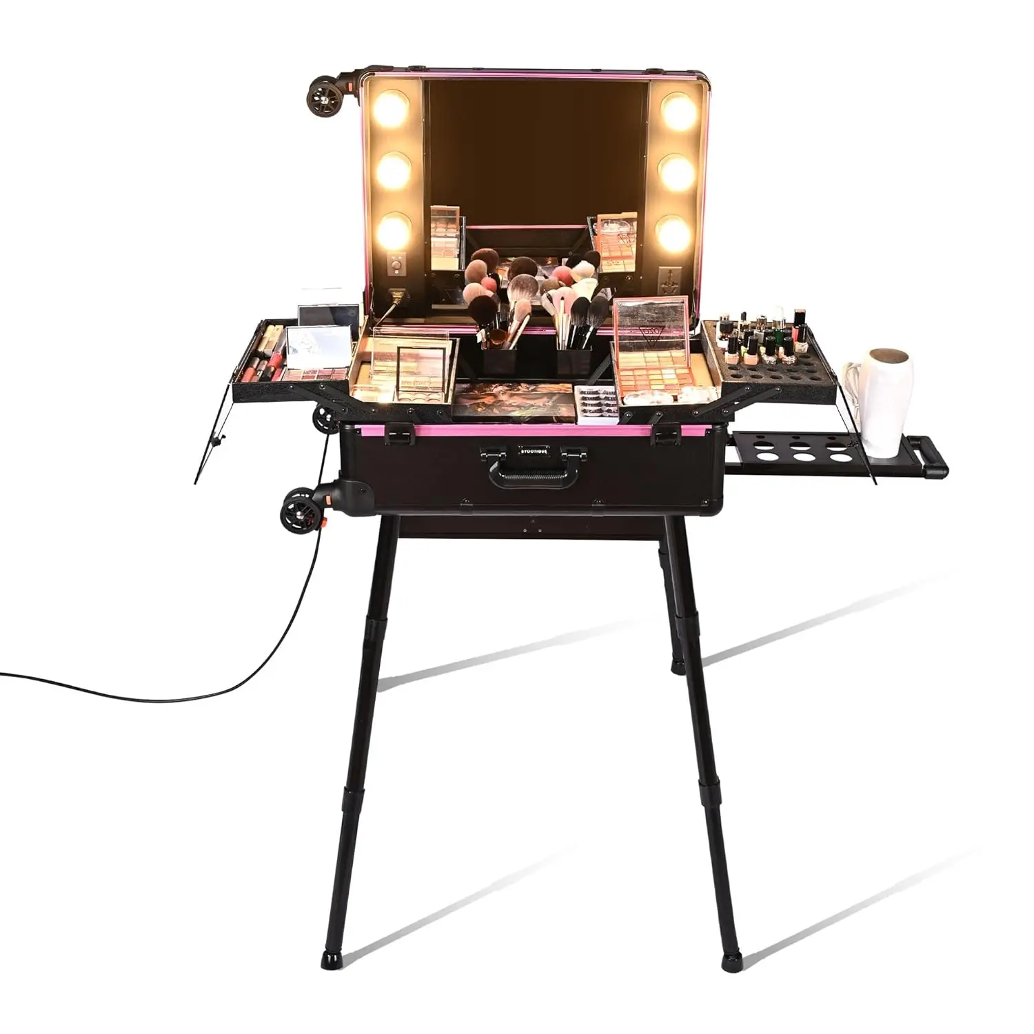 Rolling Makeup Case with LED Lighted Mirror 26 inch Extra Large Cosmetic Organizer Storage Trolley Case with