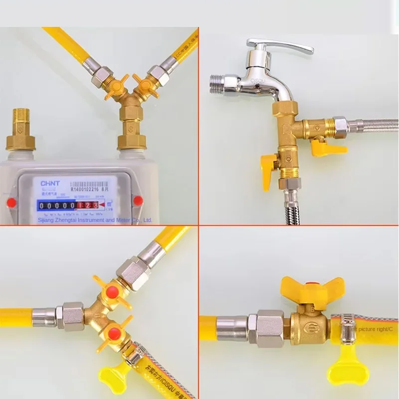 Brass Gas Three-way Valve Copper Rod Copper Core 1/2inch Brass Gas Valve Natural Gas Switch Ball Valve