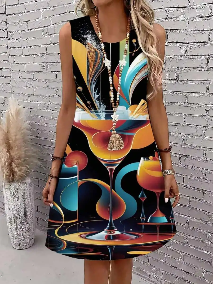 

Abstract Cocktail Art Print Women Dress Round Neck Casual Party Night Out